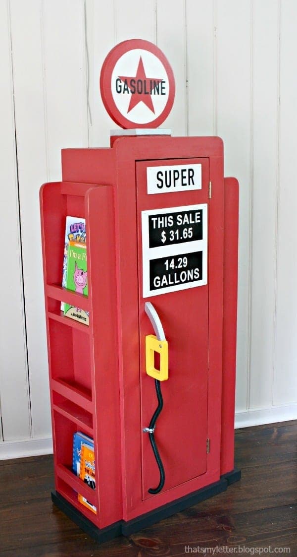 Storage cabinet styled as a vintage gas pump with matching side bookshelves
