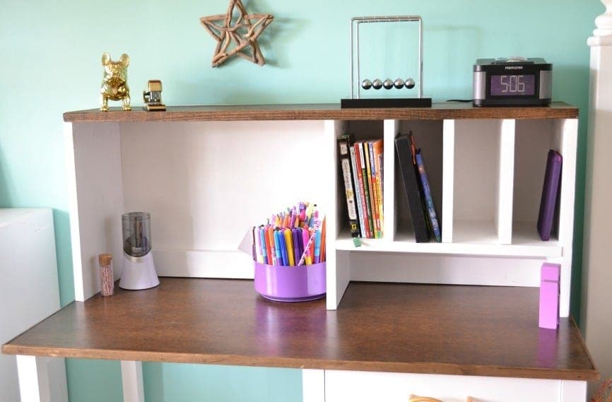 Desk hutch with open shelving and a cubby section