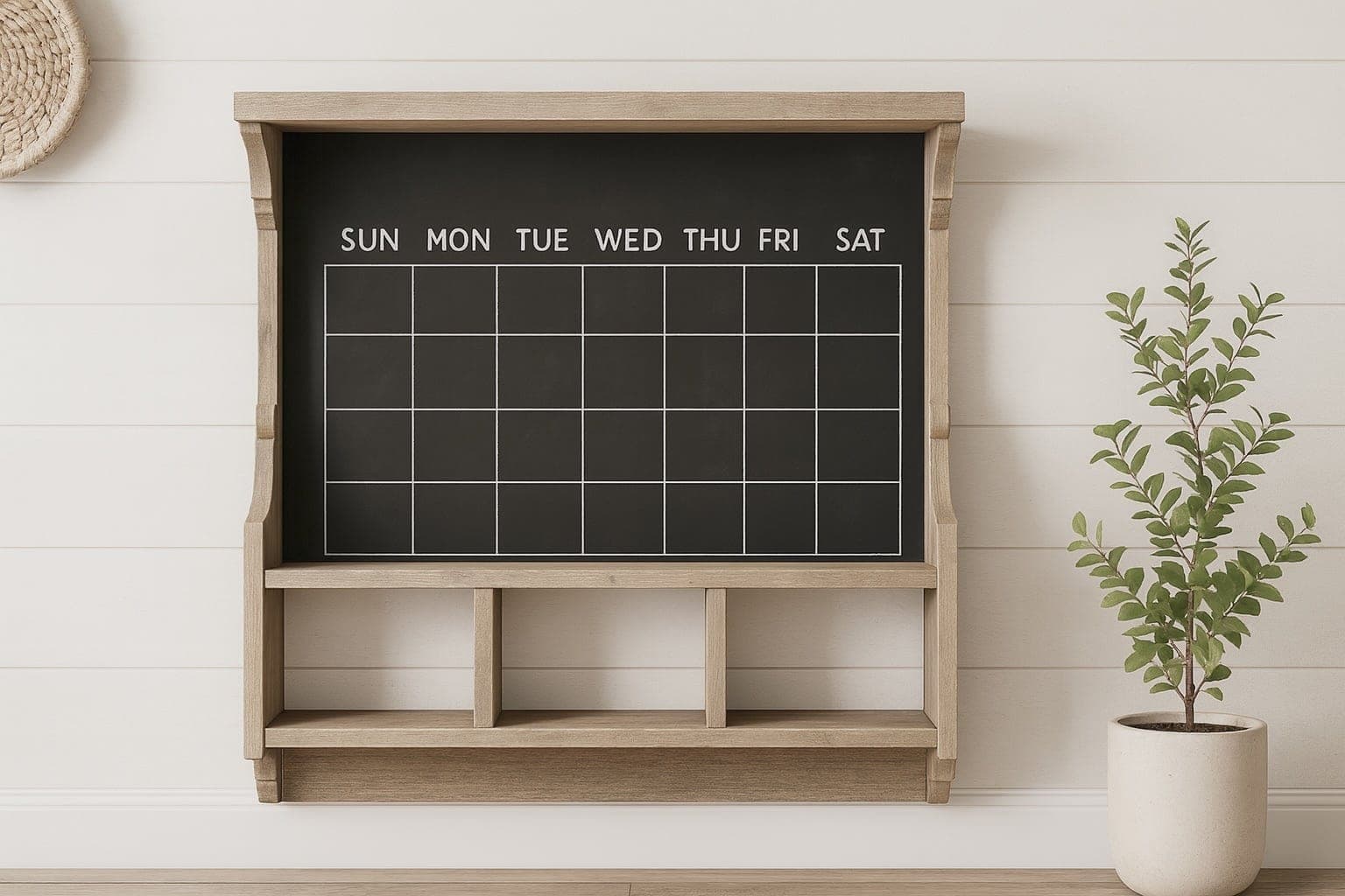 Wall cubby shelf with hooks and a built-in chalkboard