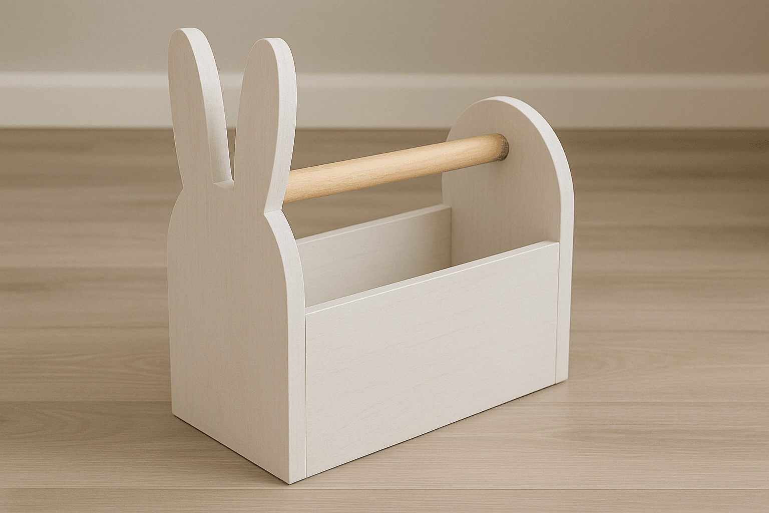 A small wooden Easter basket shaped like a bunny face with ears