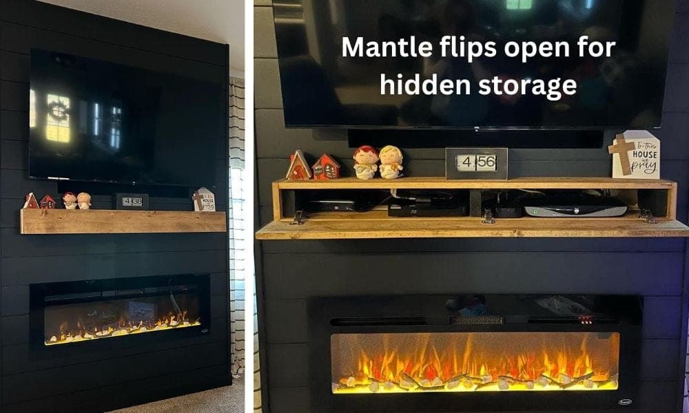 Wall-mounted wood mantel with a concealed hinged front for hidden storage