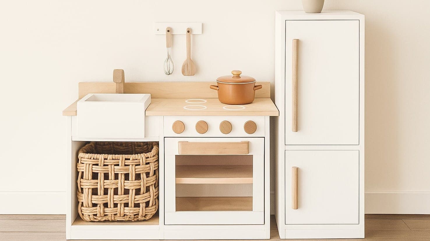A narrow wooden toy refrigerator with a freezer-over-fridge door layout for a play kitchen
