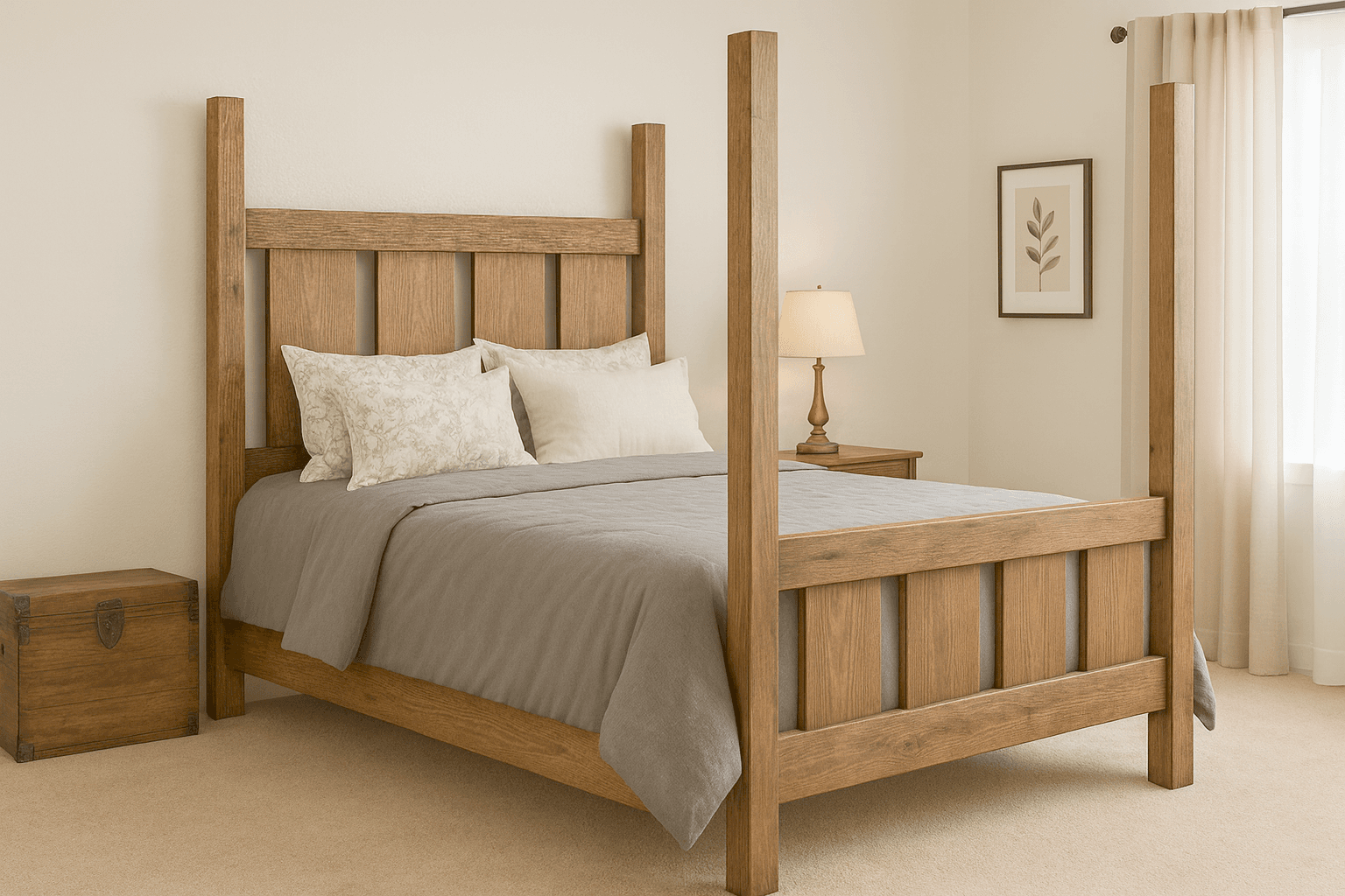 Queen four-post farmhouse bed with slatted headboard and footboard panels