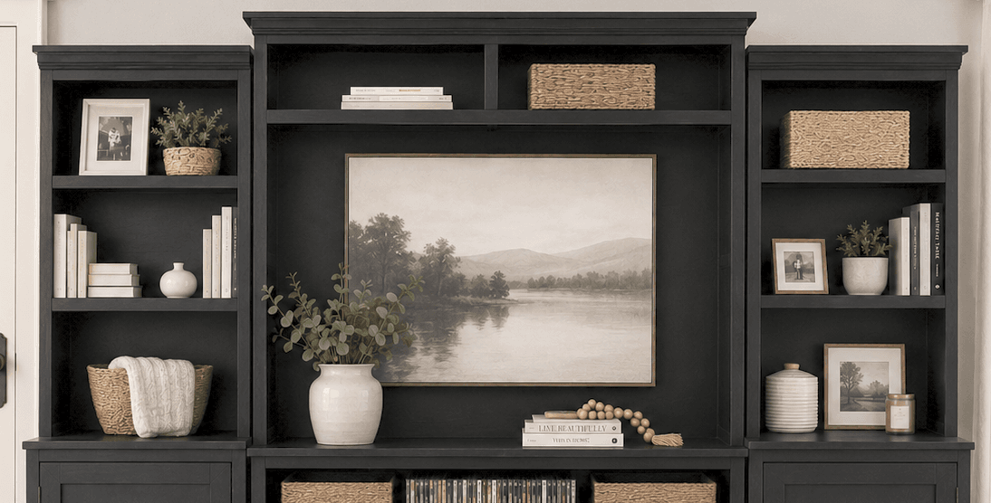 Media hutch with mitered crown moulding trim