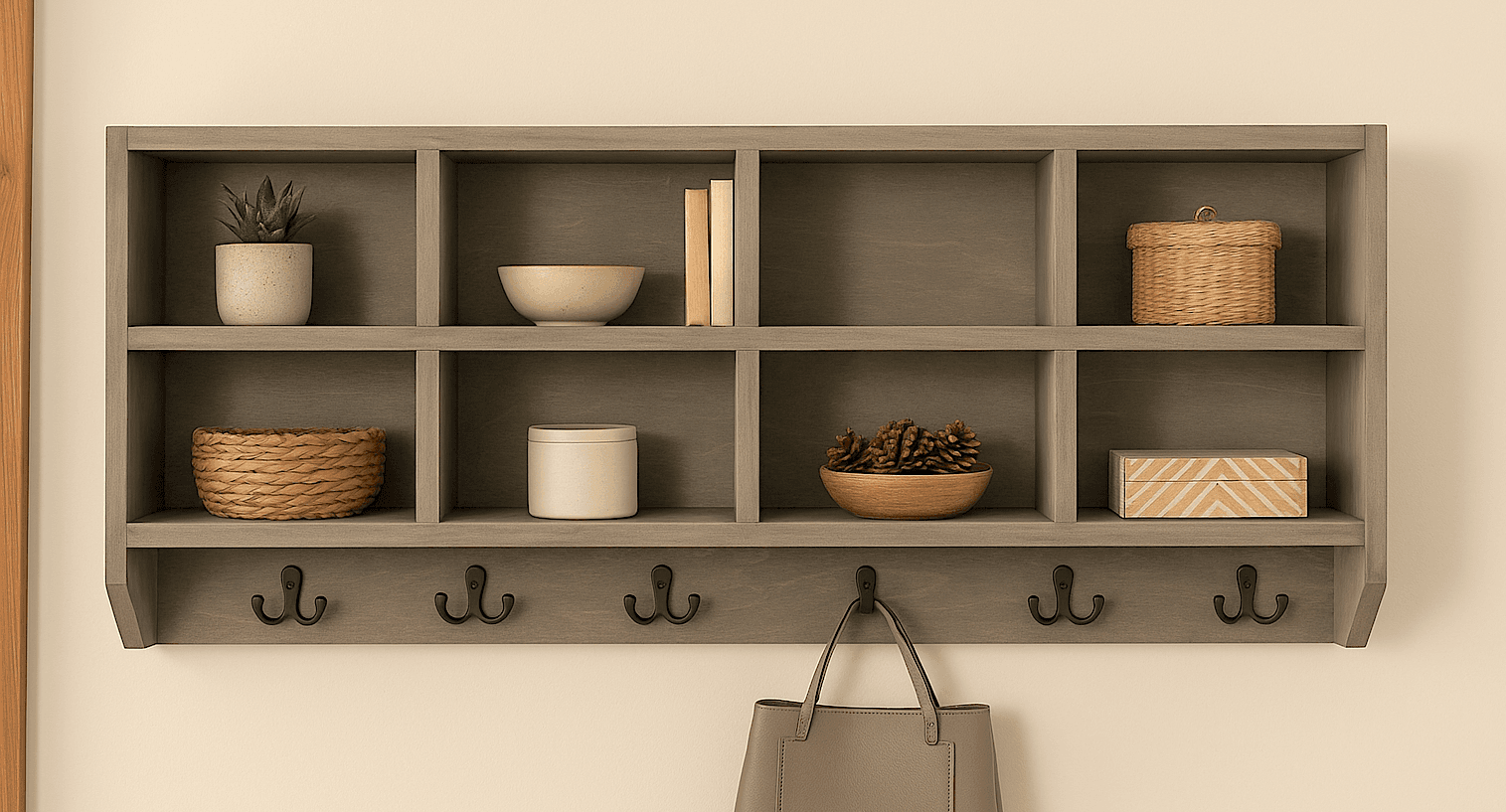A compact wall-mounted shelf with eight equal cubbies for an entryway