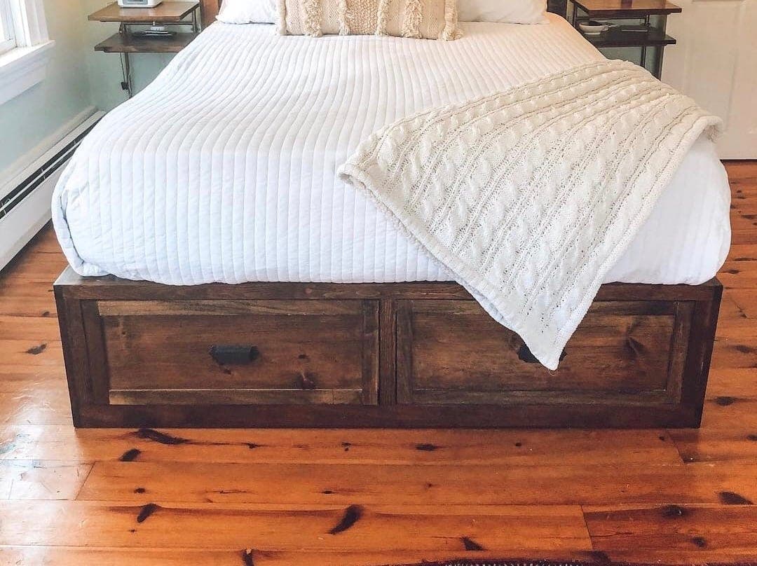 Queen storage bed built from three side-by-side plywood cabinet benches with optional drawers