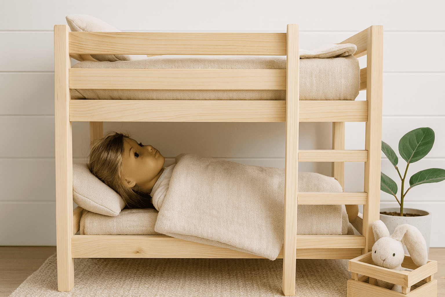 Small wooden bunk bed sized for an 18-inch doll, with ladder and guardrail