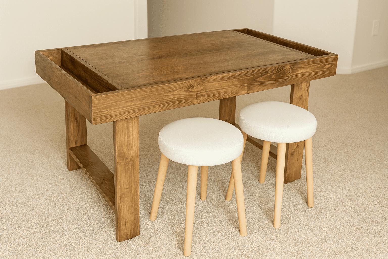 Modern kids' play table with recessed storage trays under a liftable top