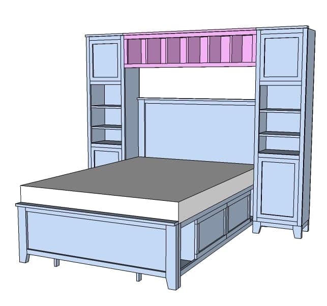 Open cubby hutch mounted above a storage bed headboard