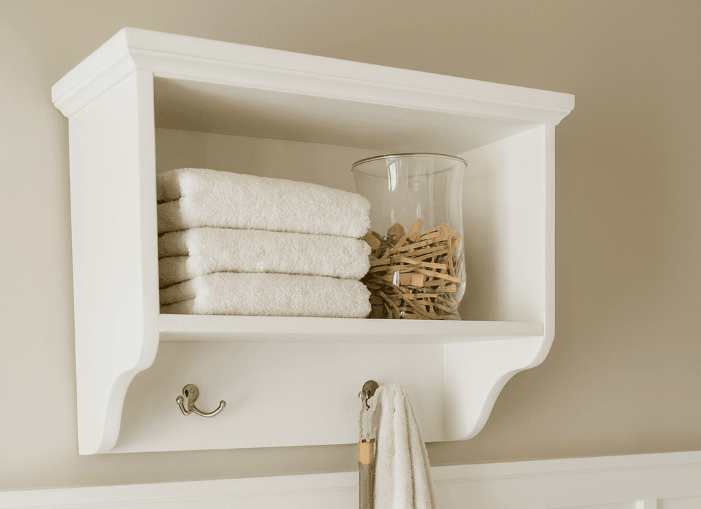 Small wall shelf with scrolled sides, hooks, and cove moulding