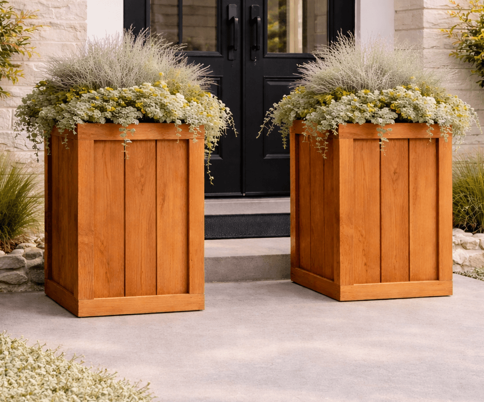 Two frame-and-panel outdoor planter boxes built from fence pickets