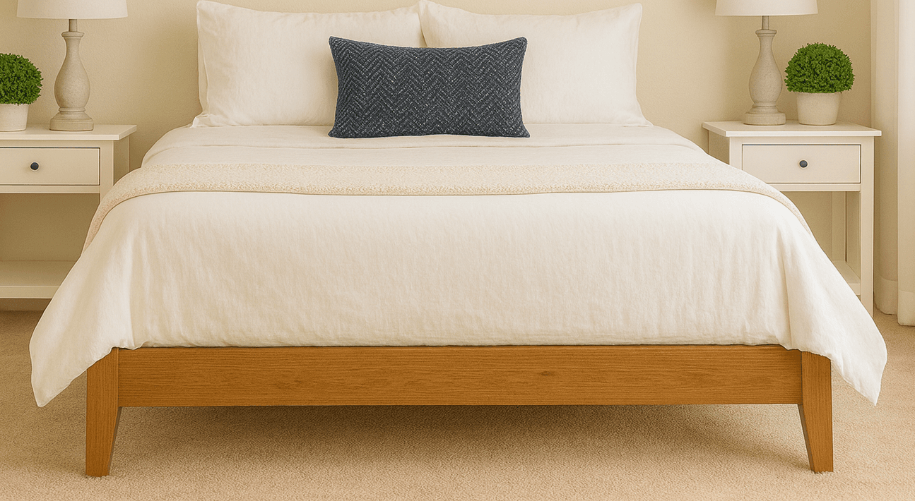 Queen platform bed with tapered mid-century style legs