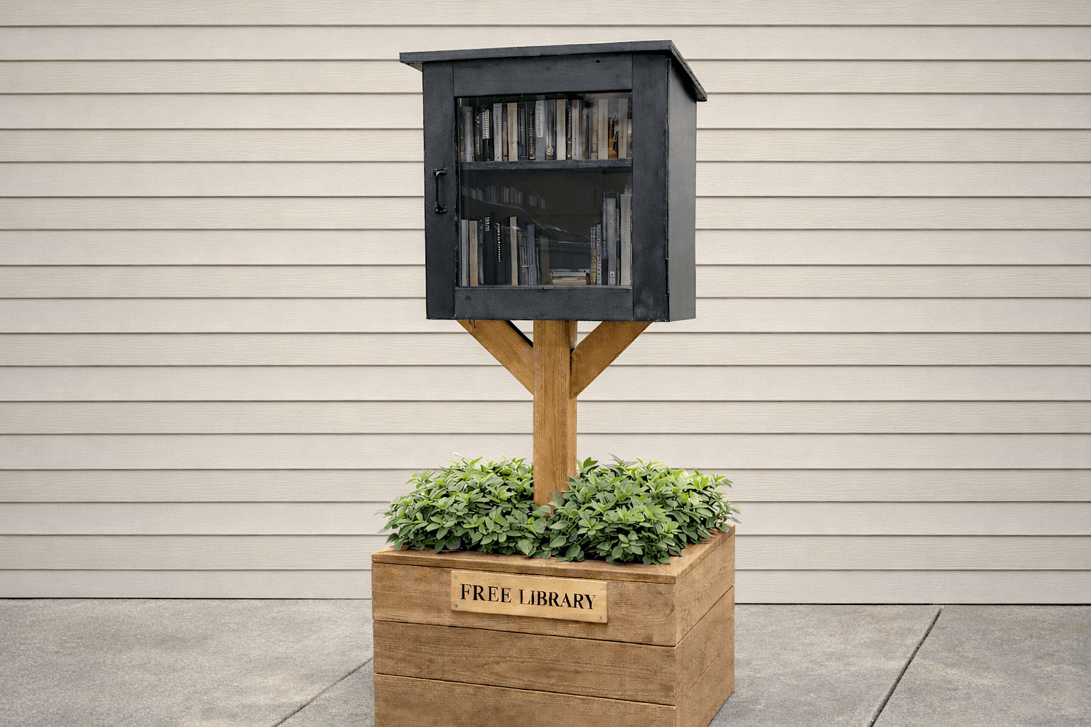Post-mounted little free library box with slanted roof and windowed door