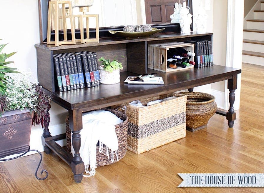 Deep console table with an open hutch riser on top