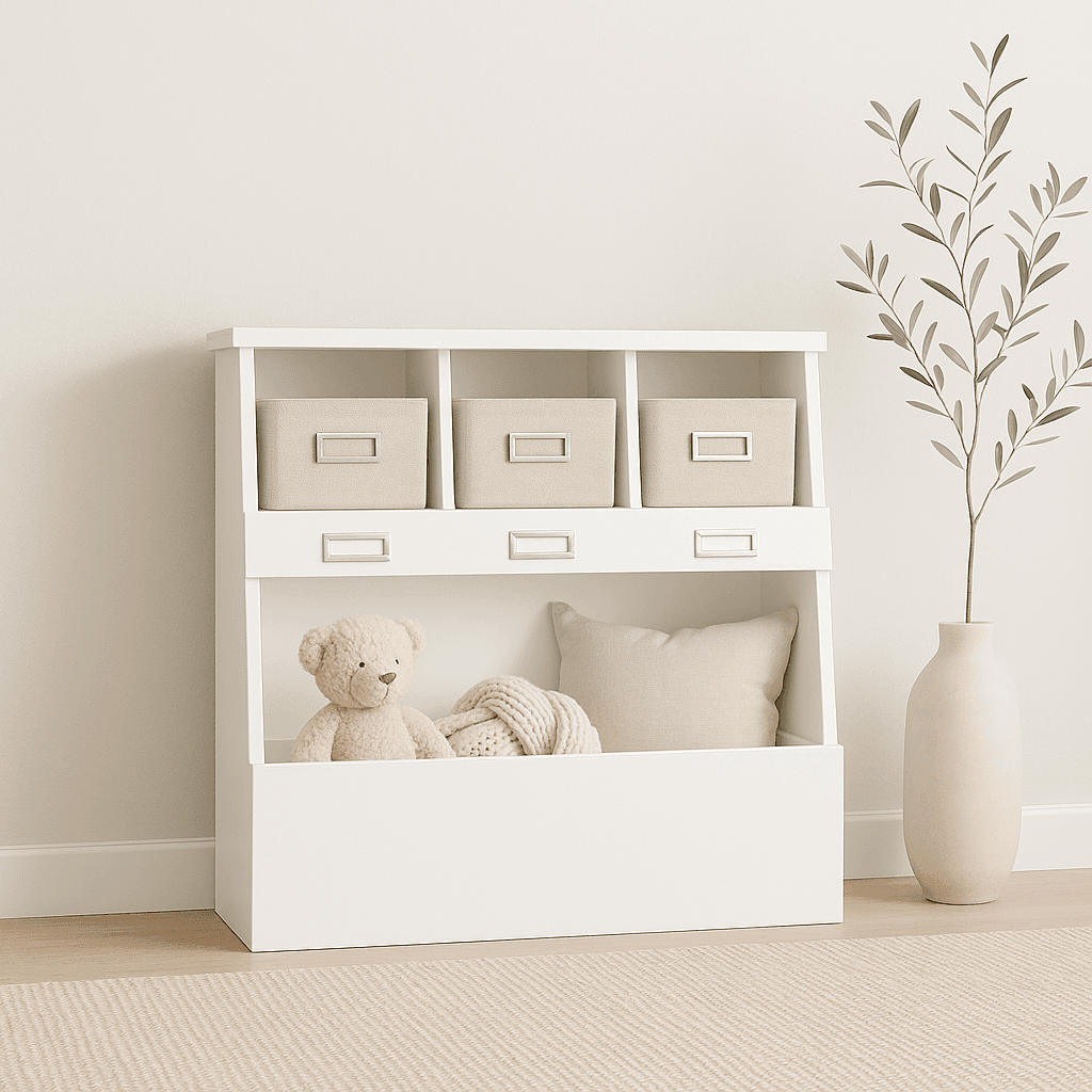 Standing toy storage tower with an open bin and two cubby shelves