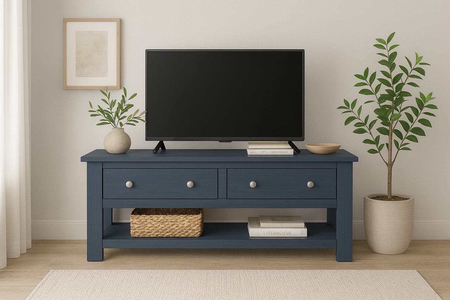 Cottage media console with a center drawer and open side bays