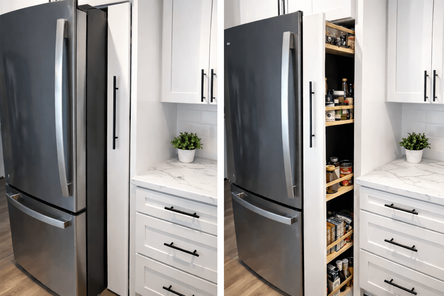 Slim rolling pantry sized to a narrow gap beside a fridge