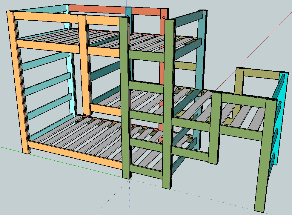 Staggered triple bunk bed built from 1x4 lumber