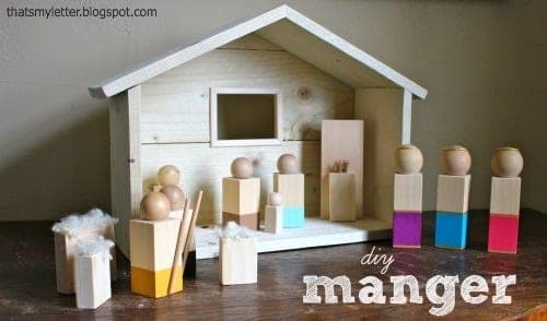 Small cedar Nativity manger stable with a peaked roof