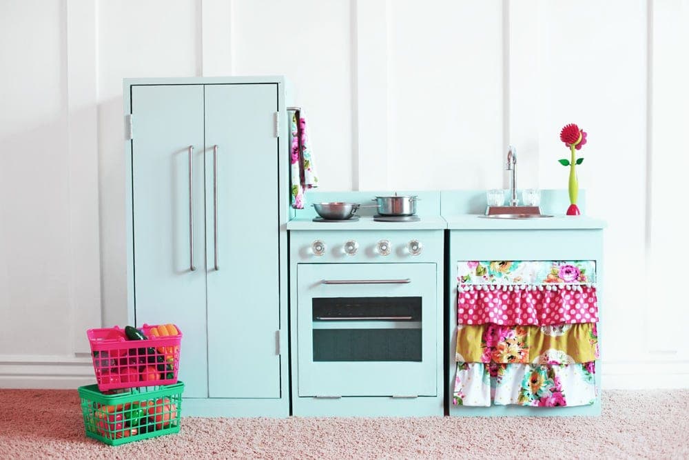 Toy play kitchen fridge with French doors