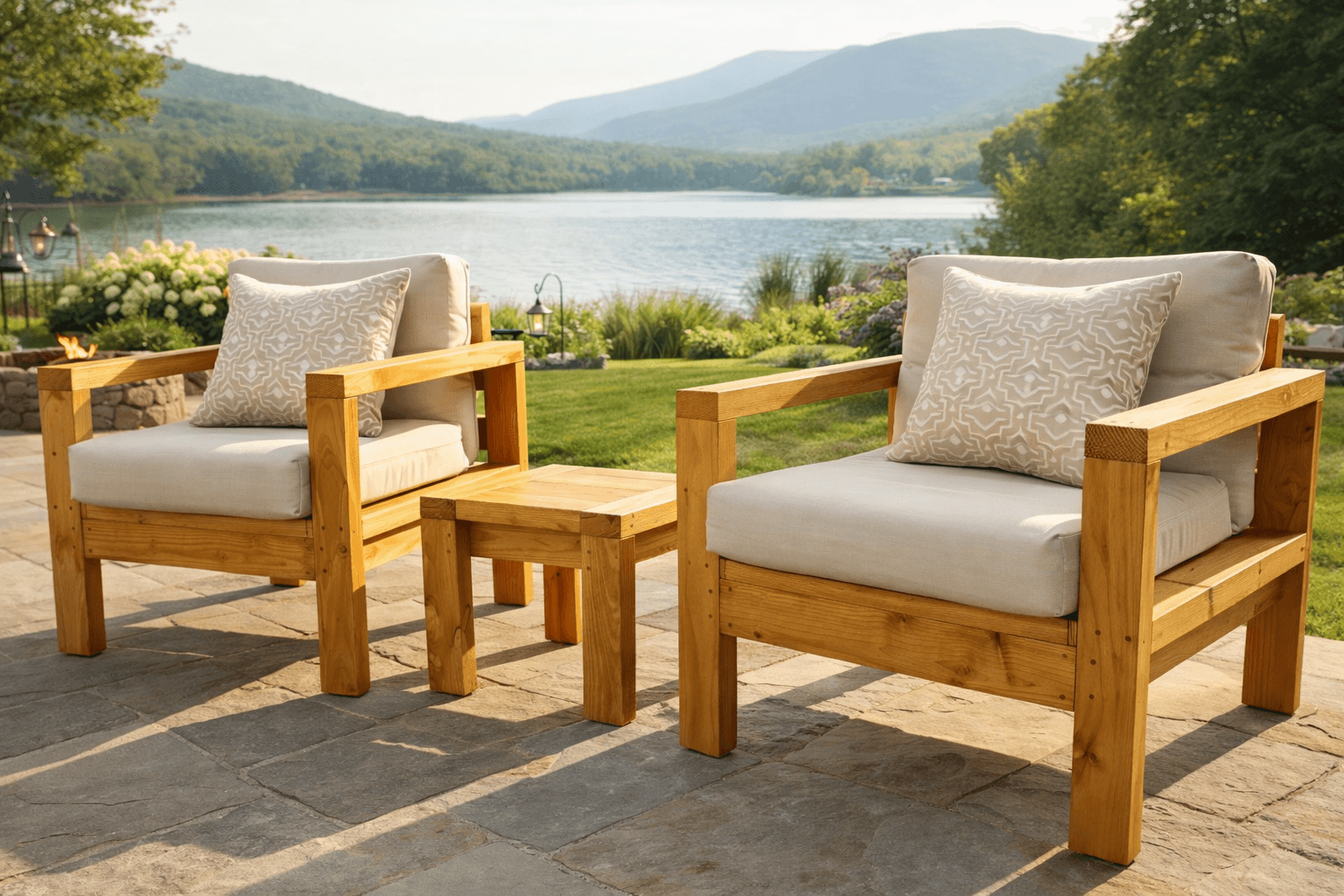 Deep outdoor lounge chair built from 2x4s with thick cushions