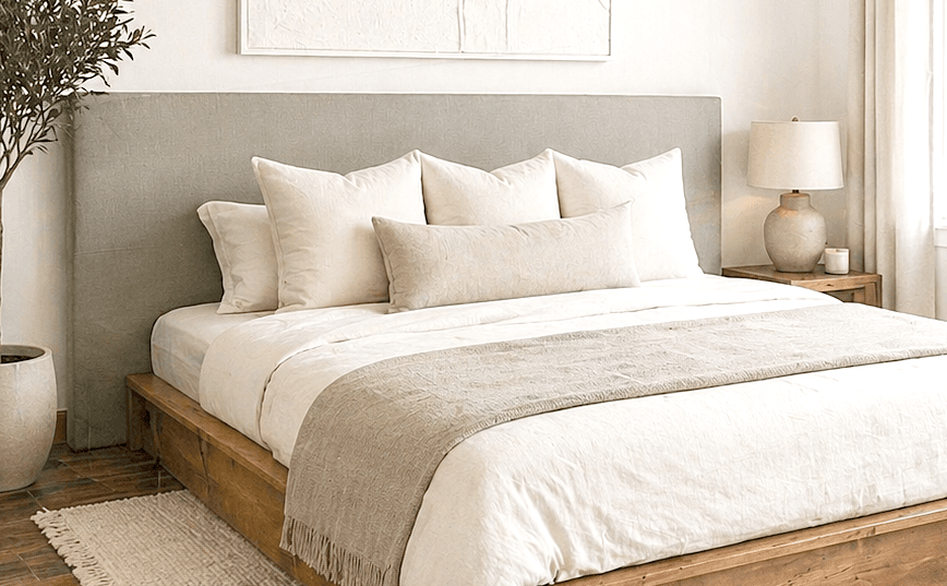 Floor-standing fabric-upholstered headboard