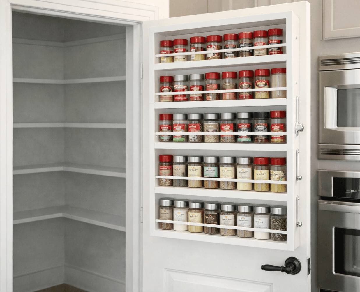 Hanging spice rack with dowel-fronted shelves