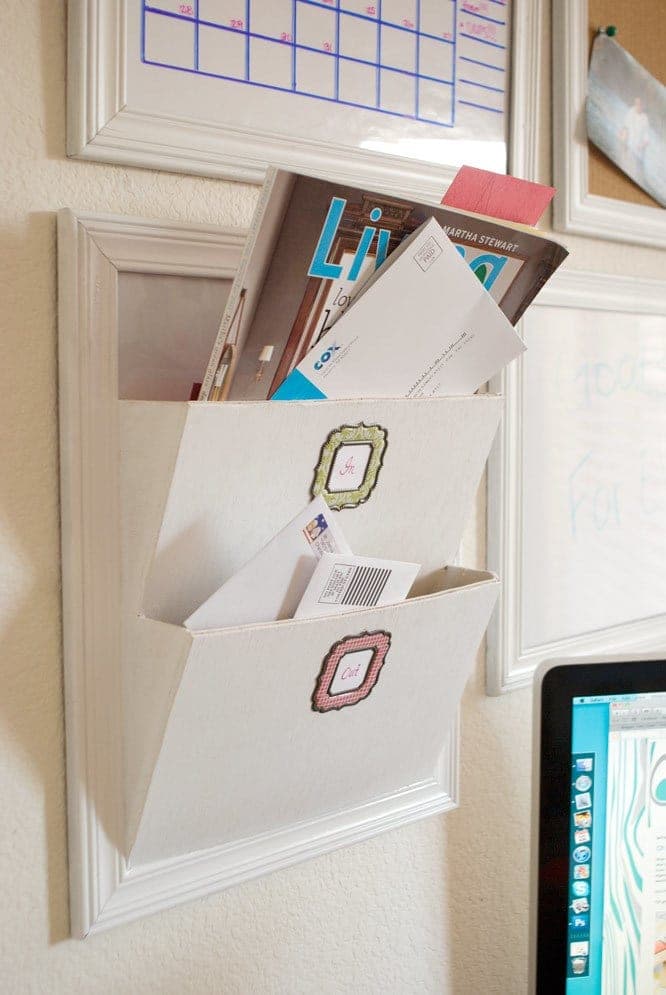 Wall-mounted letter bin made from a picture frame with angled pockets