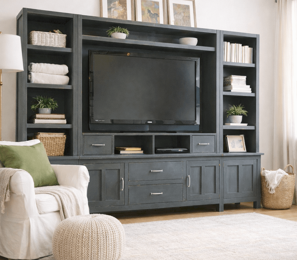 Large board-and-batten media hutch with open bays and a low controller shelf