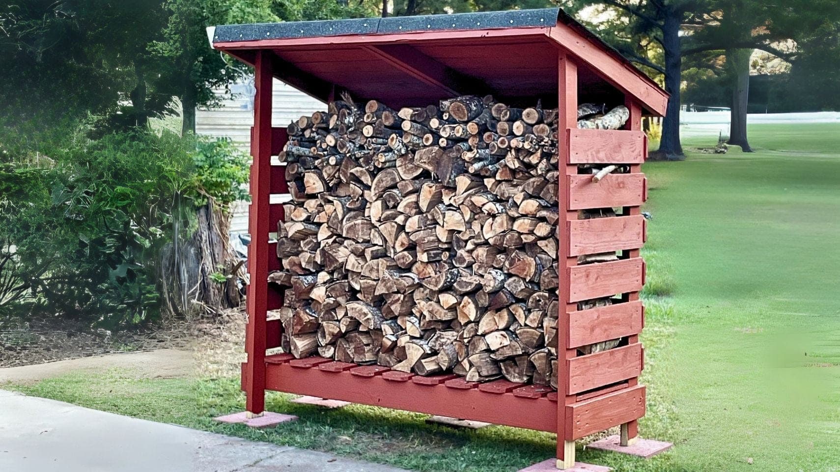 Small slatted cedar firewood shed with sloped roof