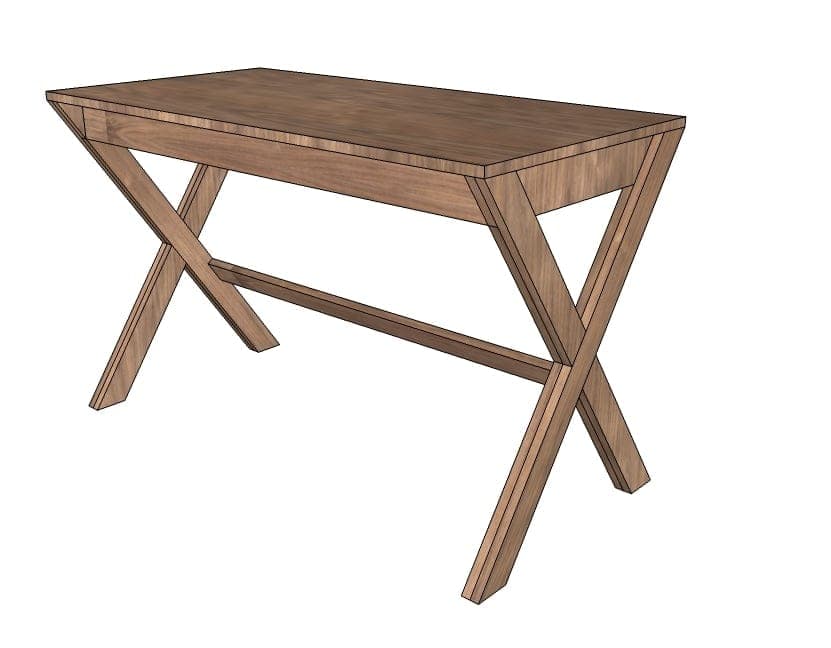Campaign-style desk with crossed X legs and an inset drawer