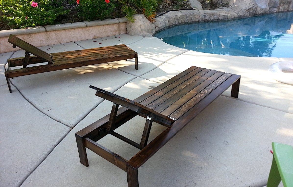 Wood outdoor chaise lounge with adjustable slatted back panel