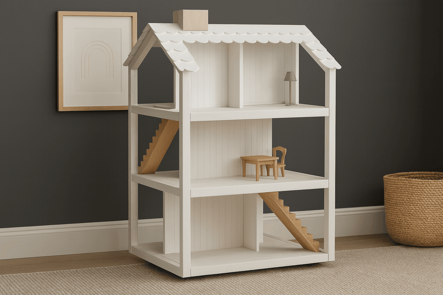Three-story open-frame rolling dollhouse for 12-inch dolls