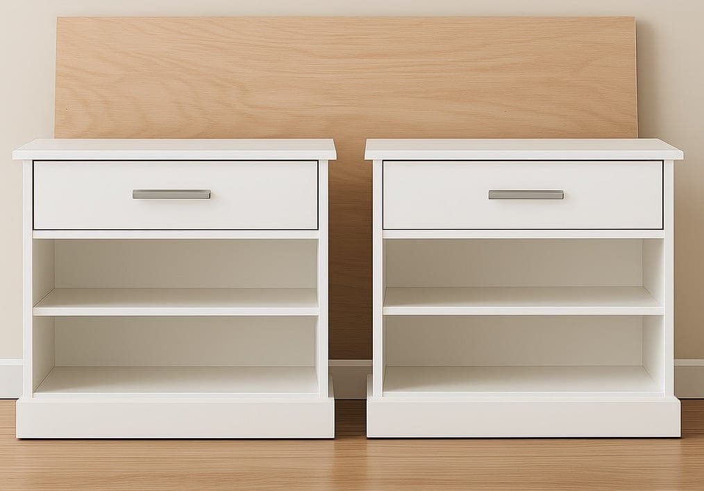 Pair of frameless plywood nightstands built from one sheet