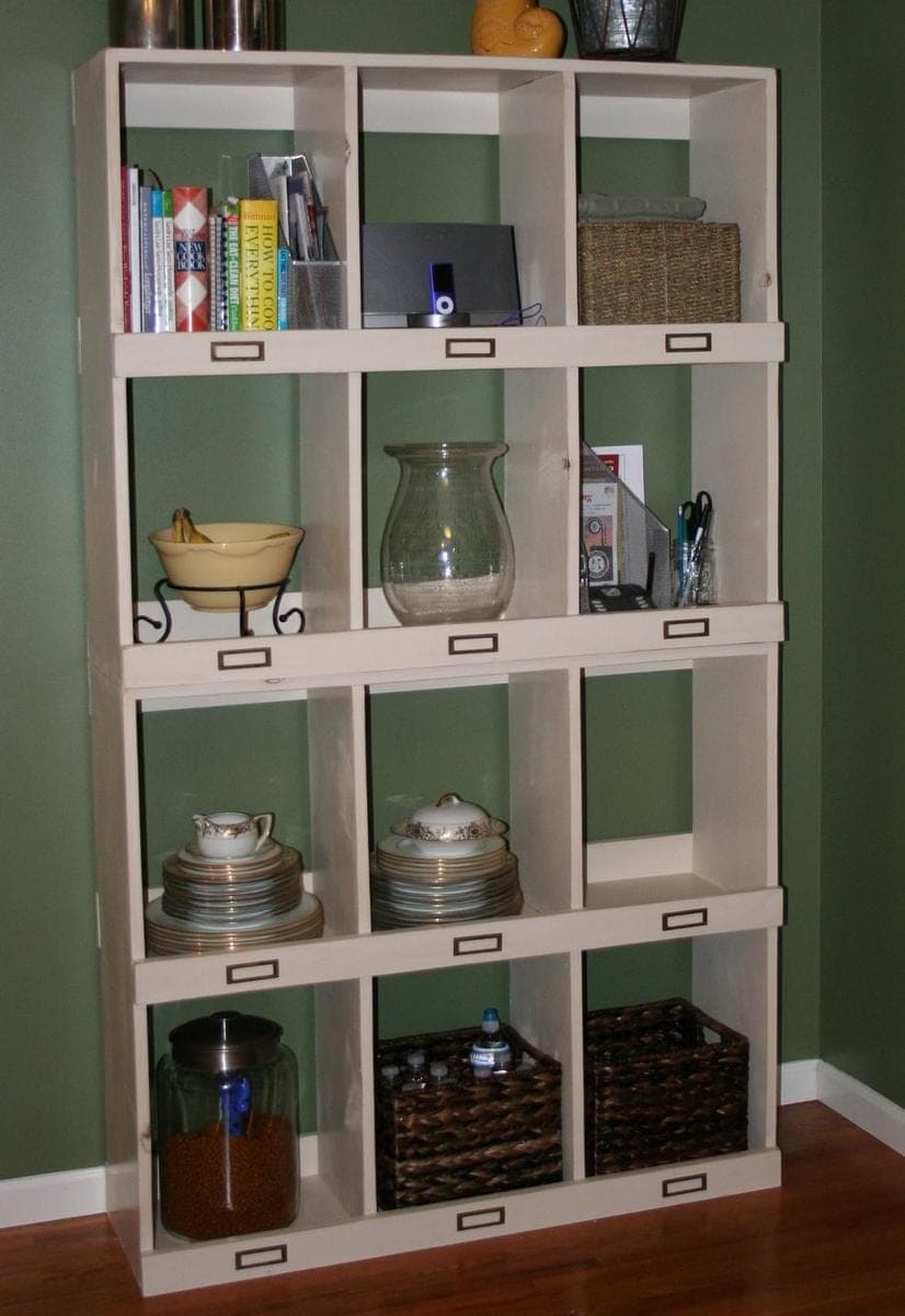 Open cubby wall storage unit inspired by a general store shelf system