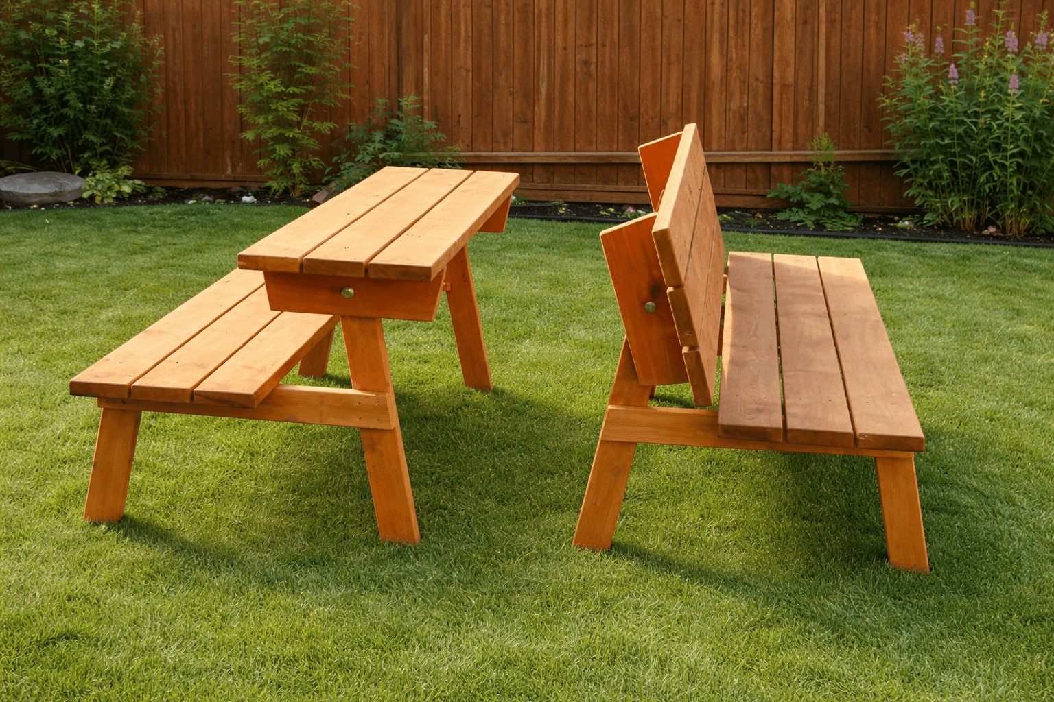 Pair of wooden garden benches with backrests that rotate flat to form a picnic table