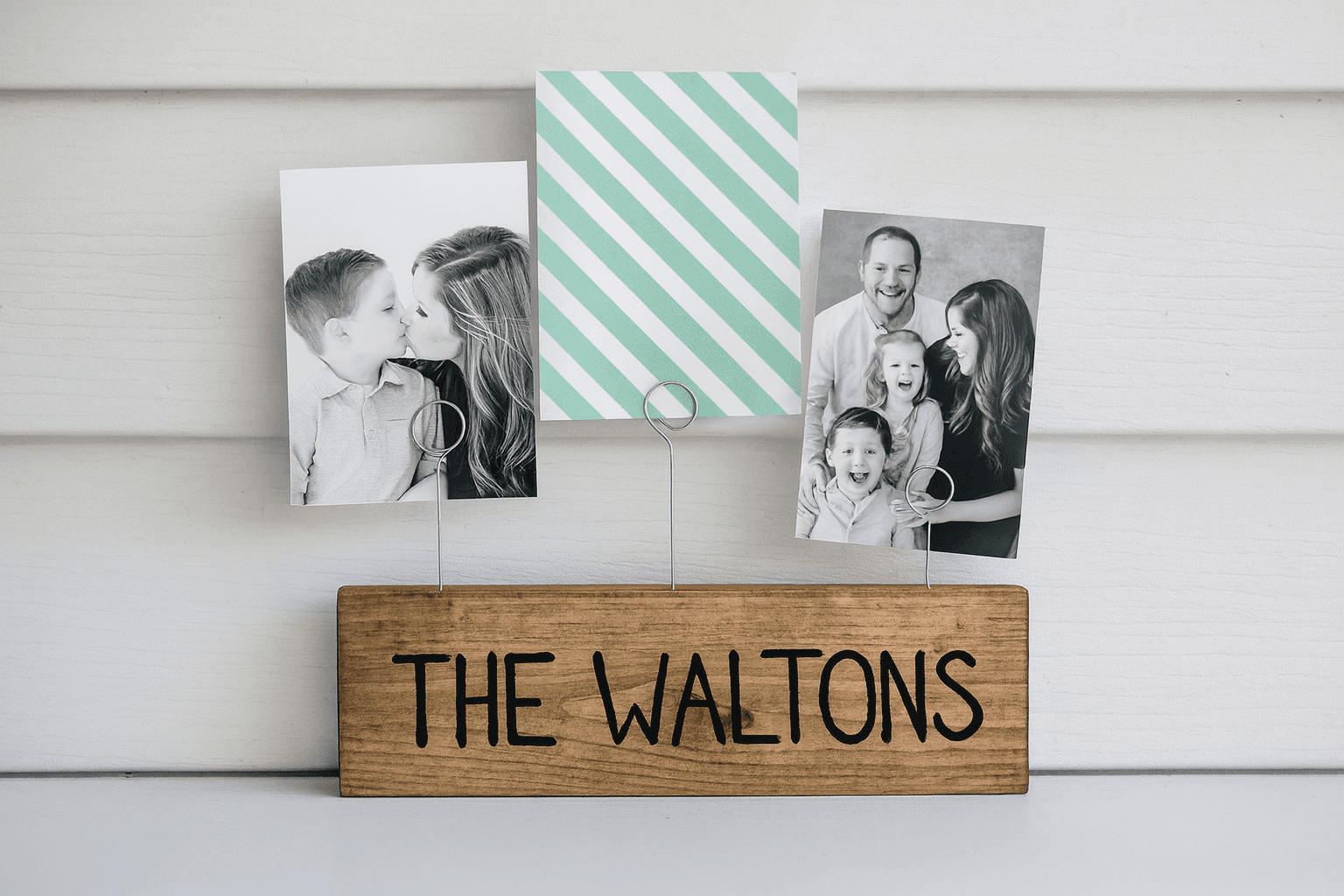 Personalized 2x4 block photo holder with wire clips