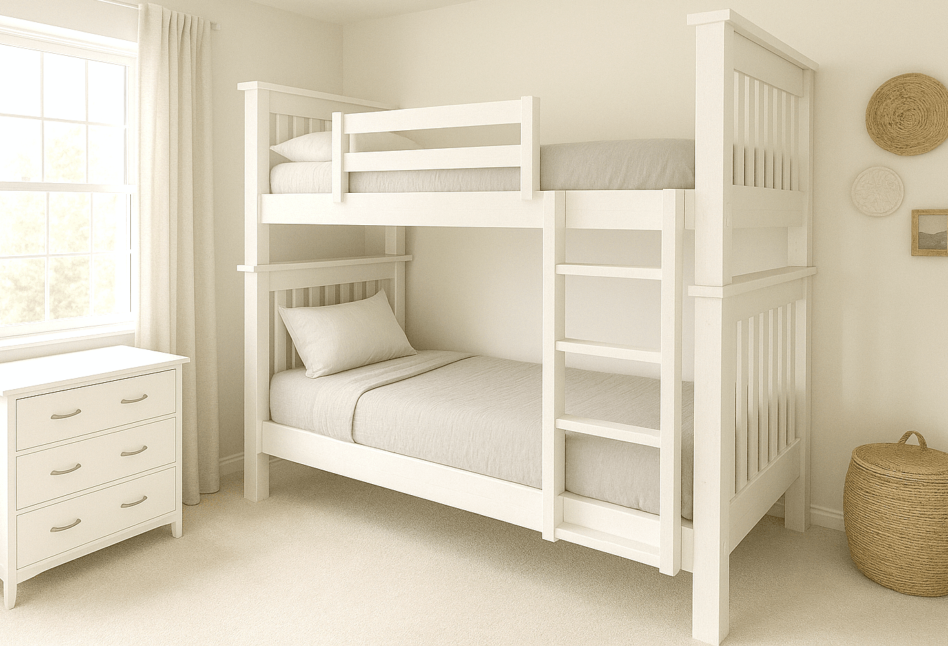 Simple twin-over-twin bunk beds with a guardrail and angled ladder