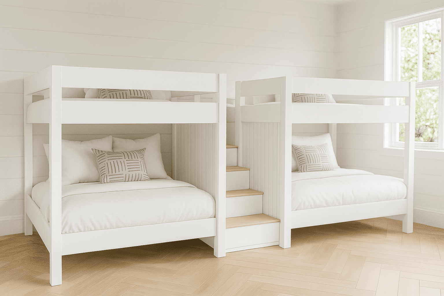 Heavy-duty wooden bunk bed with 4x4 posts and paneled headboard end