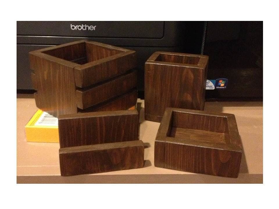 Cedar desk accessory set including a pencil cup, business card holder, mini crate, and paper clip tray