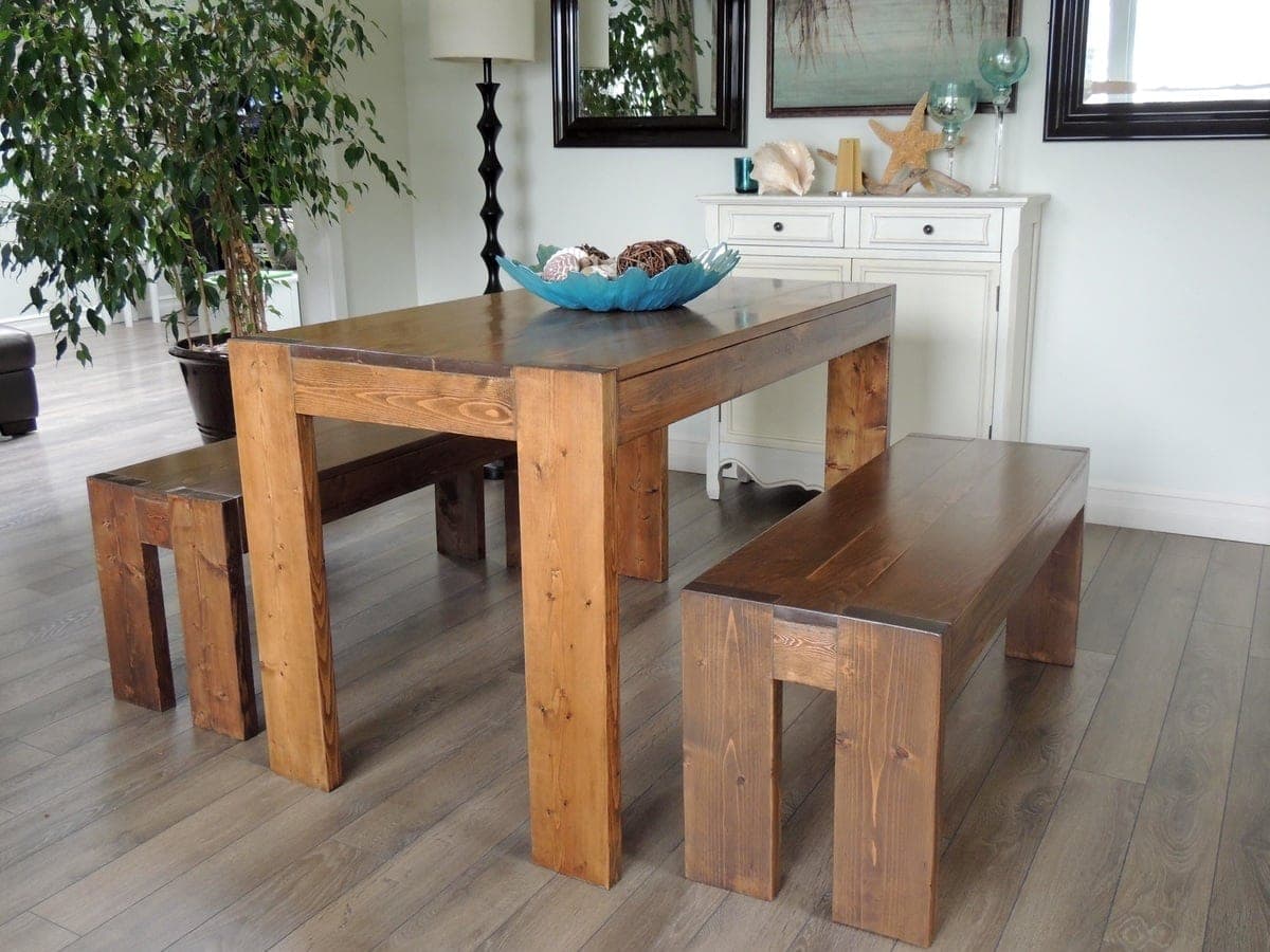 Modern farm table with a 1x6 top and chunky 2x6 legs