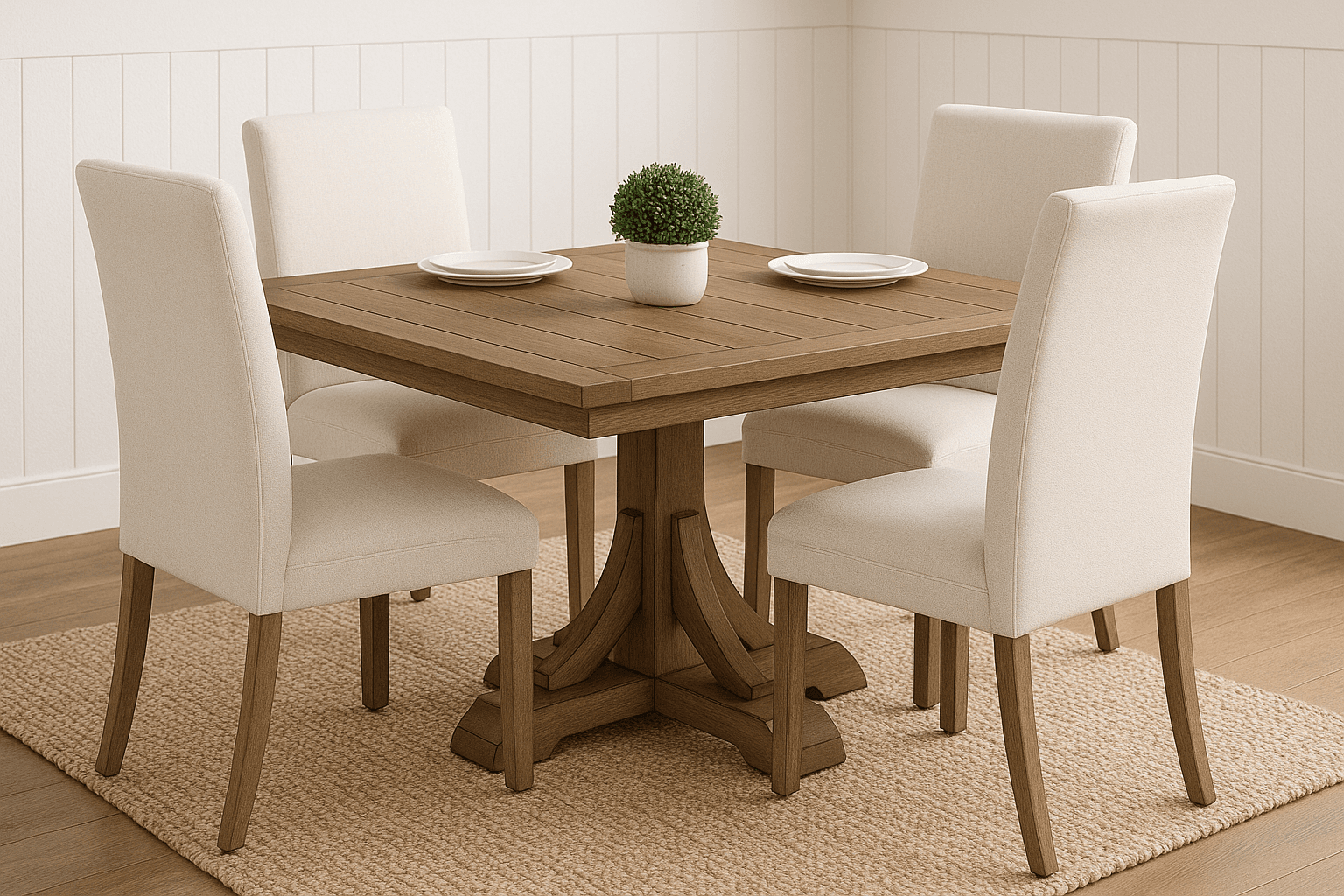 Square farmhouse dining table on a single pedestal base with corbels