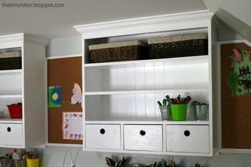 Wall-mounted schoolhouse hutch with cubbies and drawers over a beadboard back