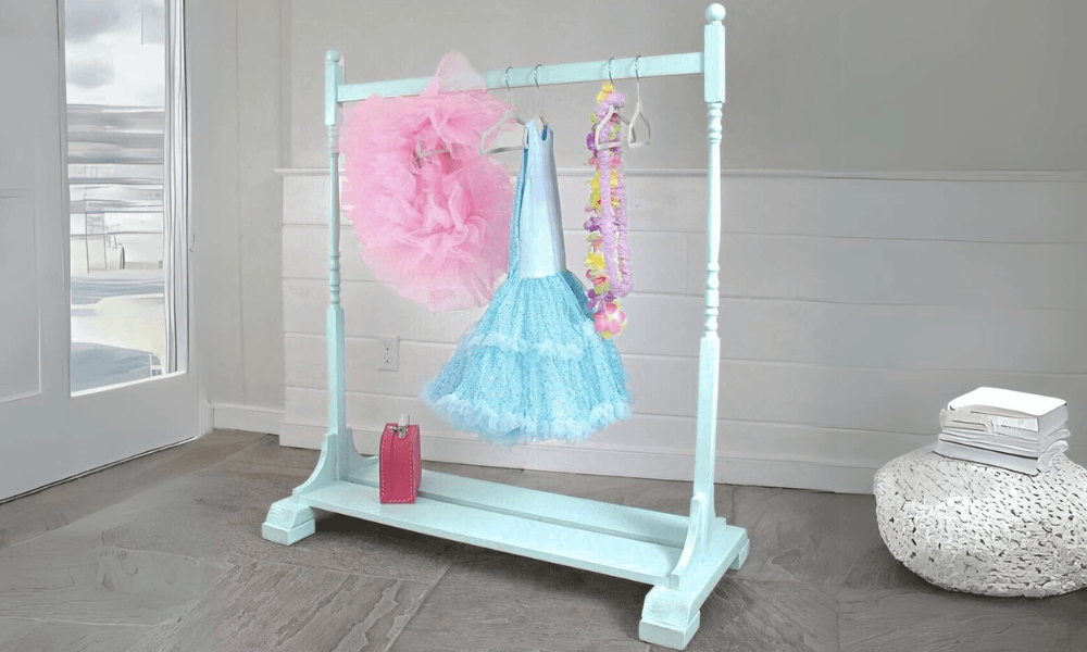 Dress-up closet built from turned stair spindles