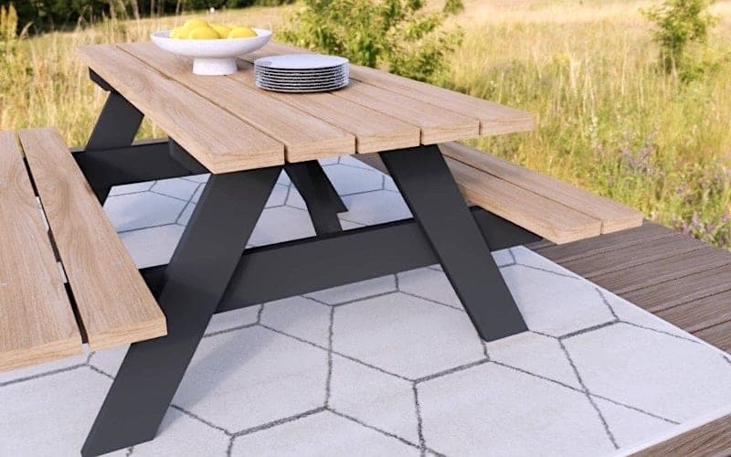 Six-foot A-frame wooden picnic table with attached bench seats
