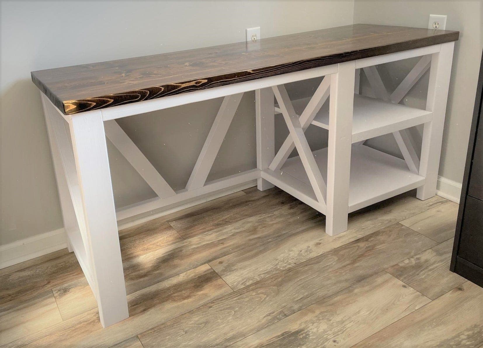Rustic farmhouse desk with X-detailed legs and built-in end shelf