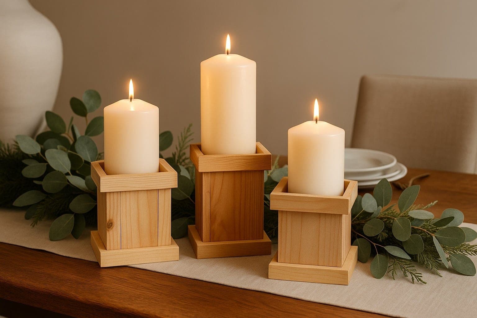 Set of rustic wooden candle holders with mitered trim
