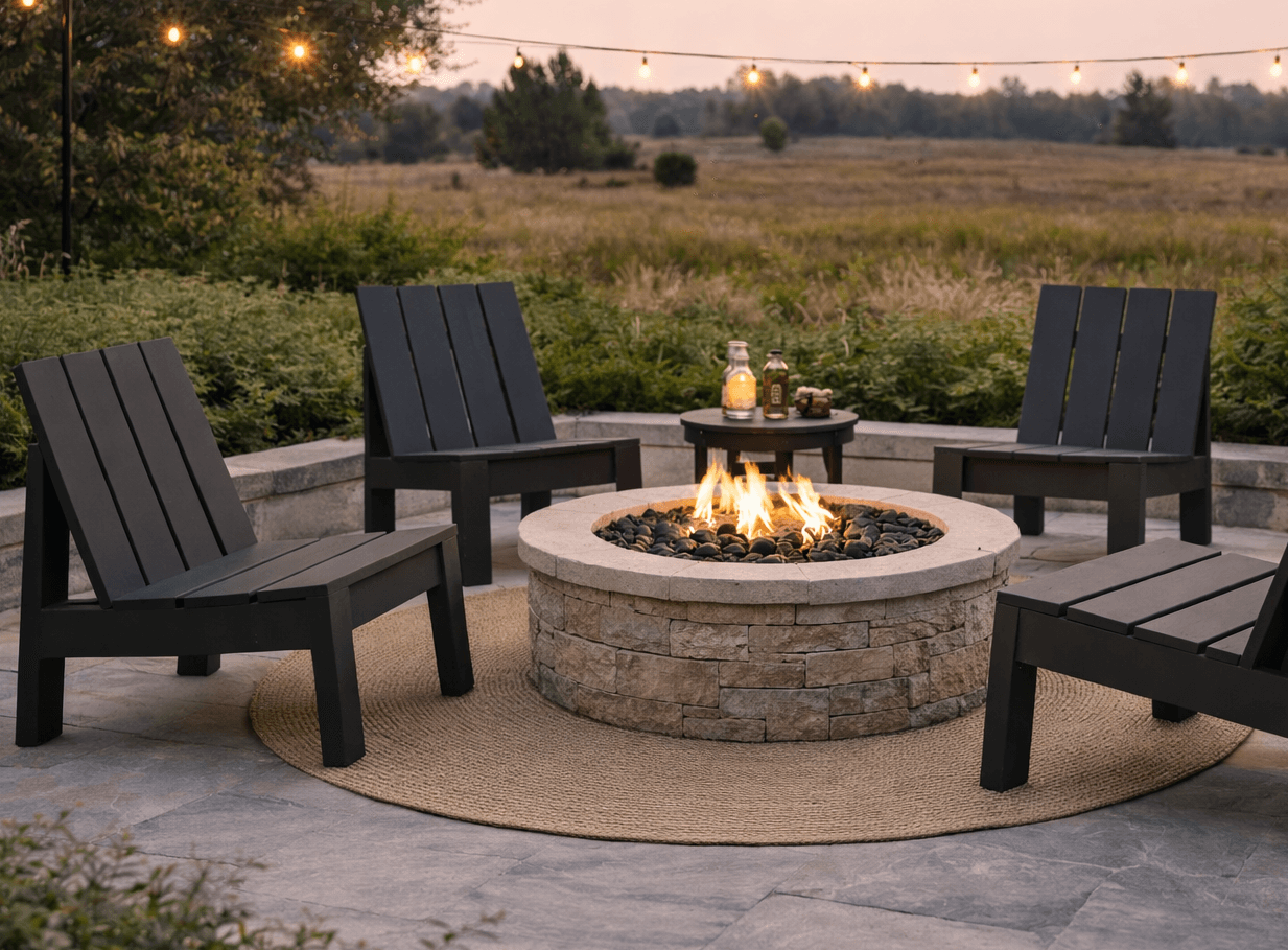 Low wooden fire pit chairs with slatted seats arranged around a fire pit