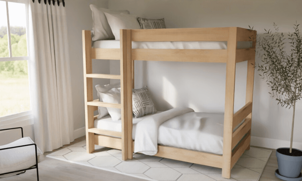 Simple twin-over-twin wooden bunk bed with side ladder