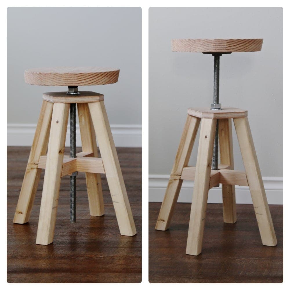 Wood stool with splayed legs and an all-thread height adjuster